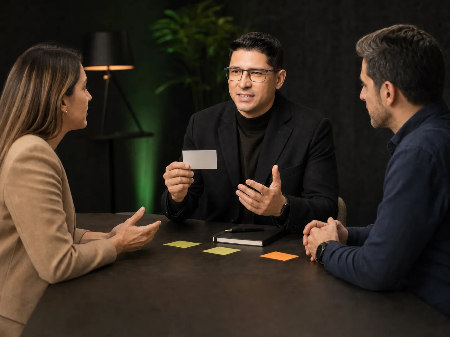 Giuseppe Bresani guiando una práctica de conversación comercial con dos participantes